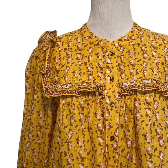 Joie Ruffled Button Blouse Women's Medium Mustard Floral Mixed Print Peasant Top - Picture 2 of 8